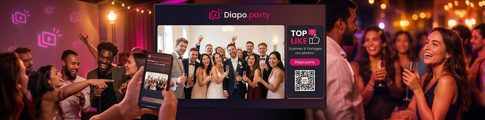 Diapo.party affiché sur grand écran pendant un mariage, avec le QR code pour partager ses photos